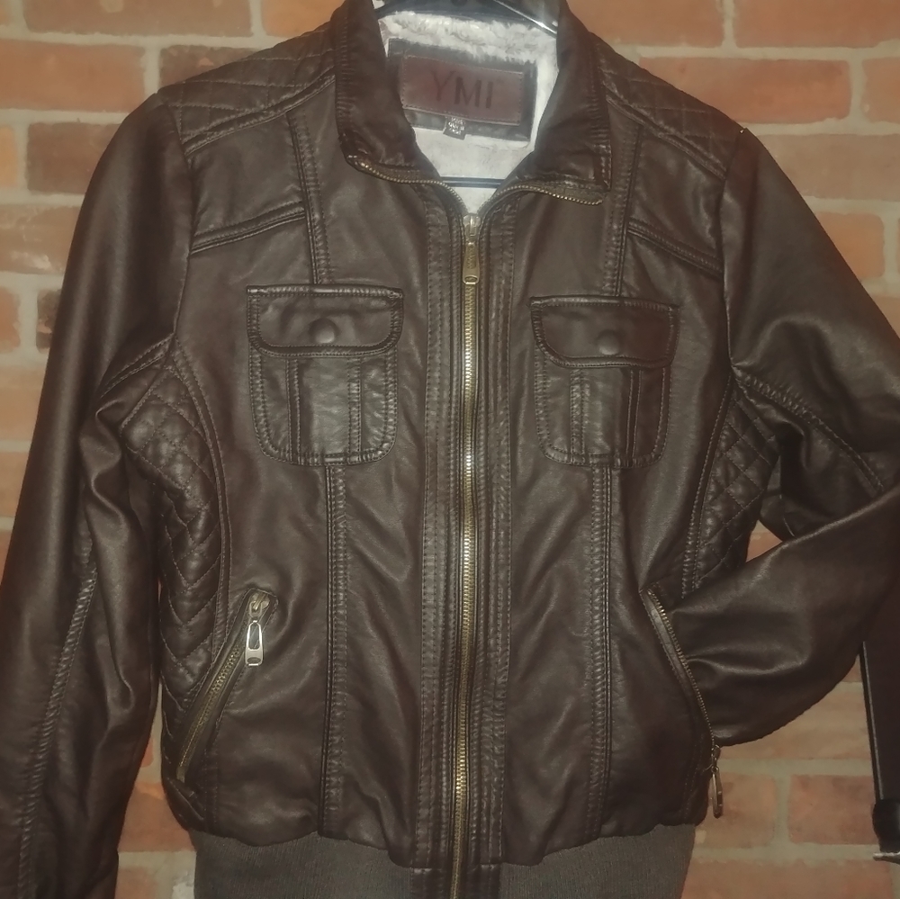 Faux leather Brown moto jacket with plush material inside